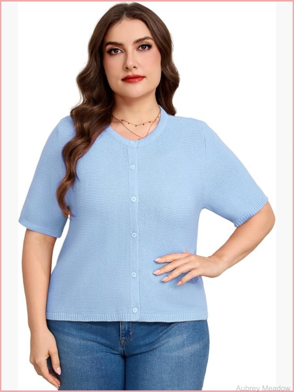 Plus Size Short Sleeve Knit Button Down Crew Neck Cardigan Sweater Casual Top